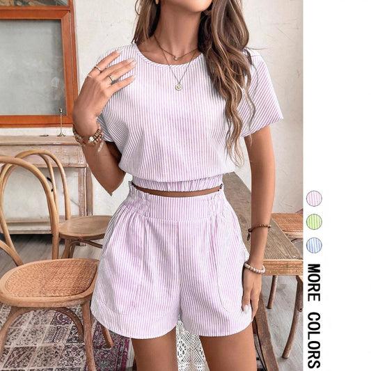 Summer Stripes Printed Batwing Sleeve Short Top And Shorts