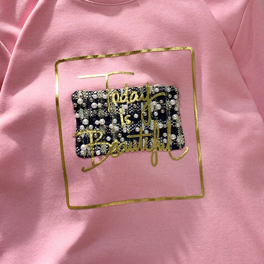 Design Heavy Work Pearl Letter Short Sleeve
