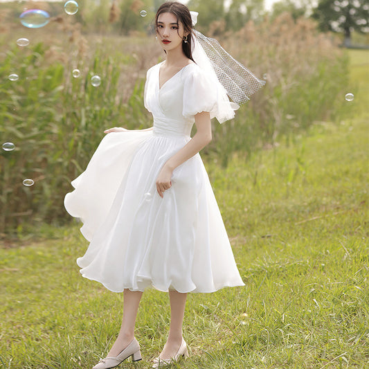 Temperament V-neck French Birthday Travel Light Wedding Dress
