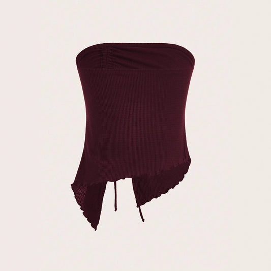 Women's Summer New Arrival Drawstring Slit Asymmetrical Waffle-Texture Slim-fit Tube Top Bustier