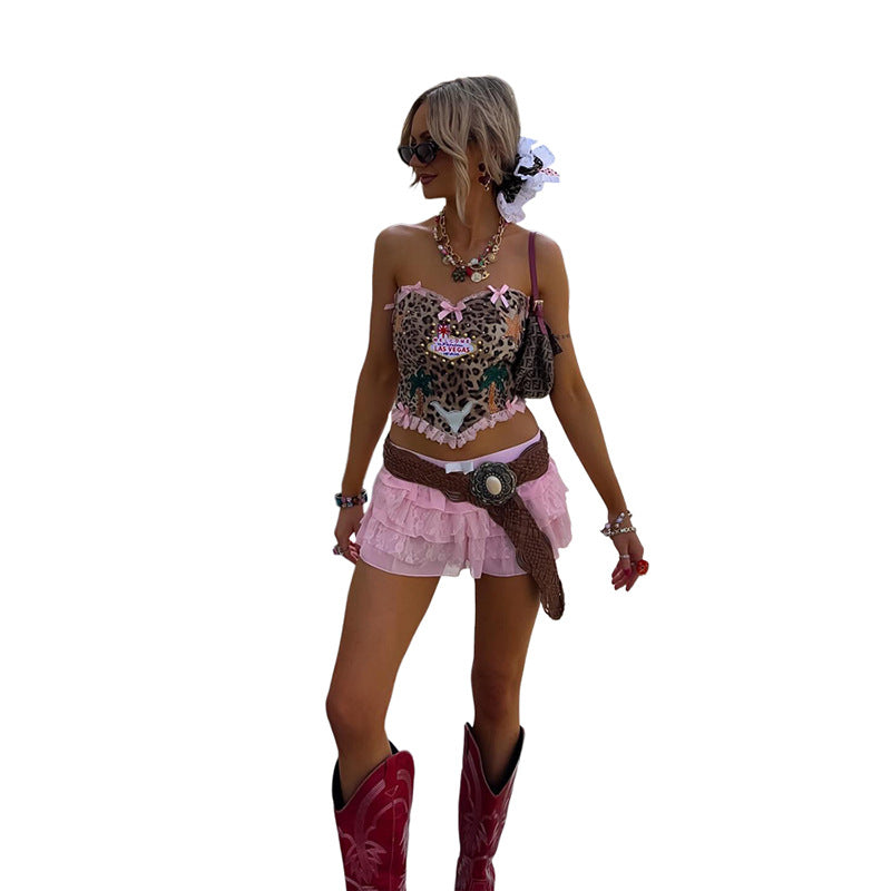 Womens Fresh & Sweet Backless Fitted Tank Top With Bow And Leopard Print