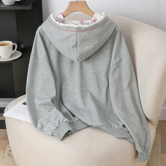 Dame sweatshirt med farveblok og blonde, mellemlang