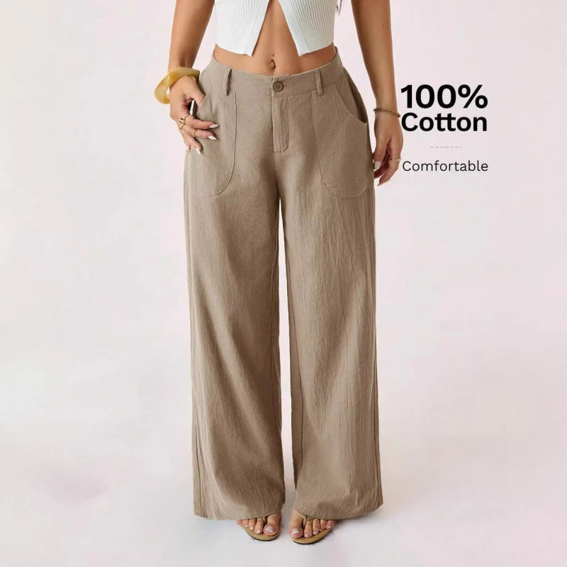 New Cotton-linen Womens Mid-rise Casual Commuter Wide-leg Pants