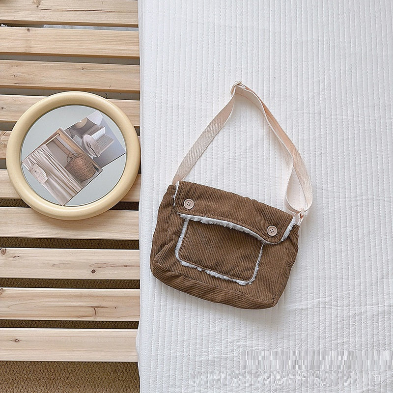 Retro Corduroy Solid Color Personalized Button Children's Cross Body Shoulder Bag