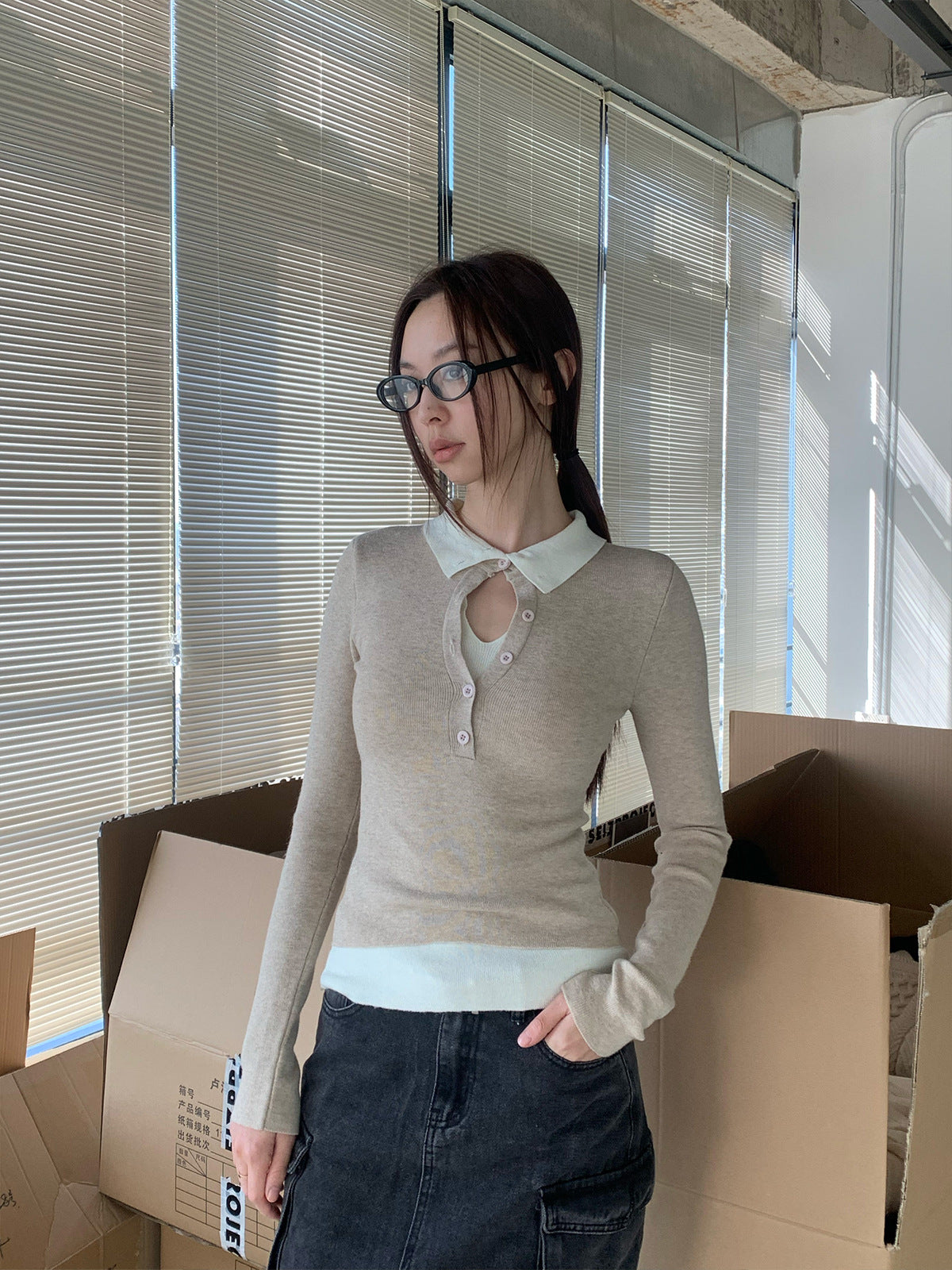 Korean Spring Stacked-Look Fake Two-Piece Color-Block Knit Sweater