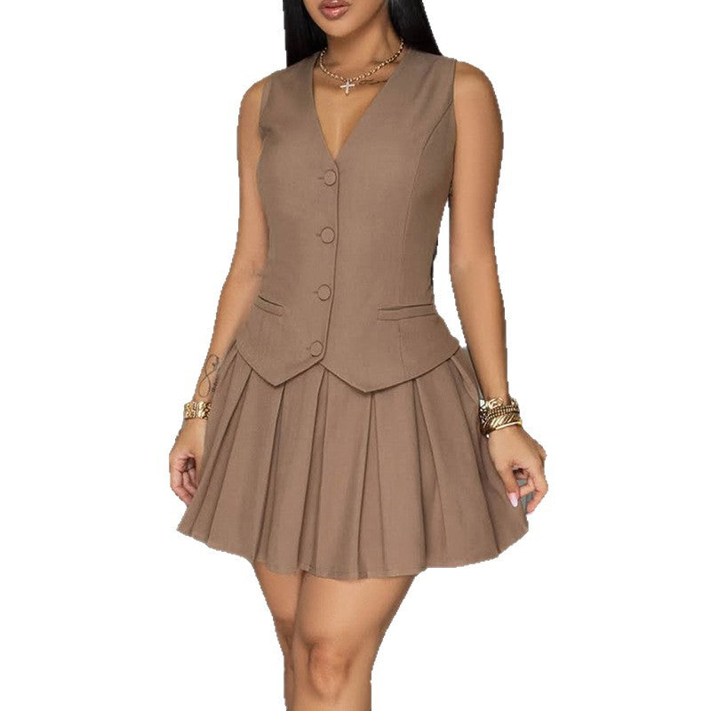 Womens Solid-Color Sleeveless Top And 34-Length Skirt Two-Piece Set