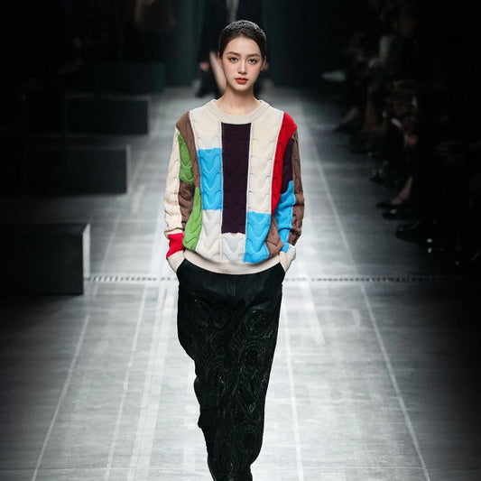 Contrast Color Round Neck Pullover Knitting Long Sleeve Outer Wear Blouse