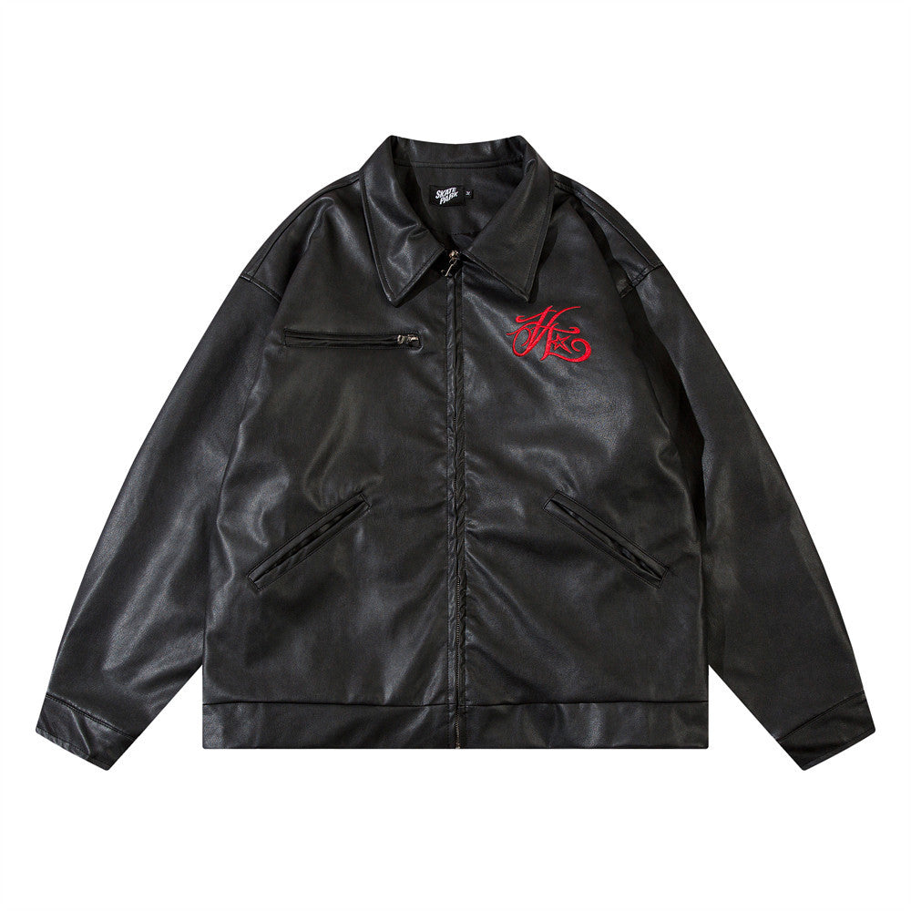 Letter Embroidered Lapel Leather Coat Loose Men