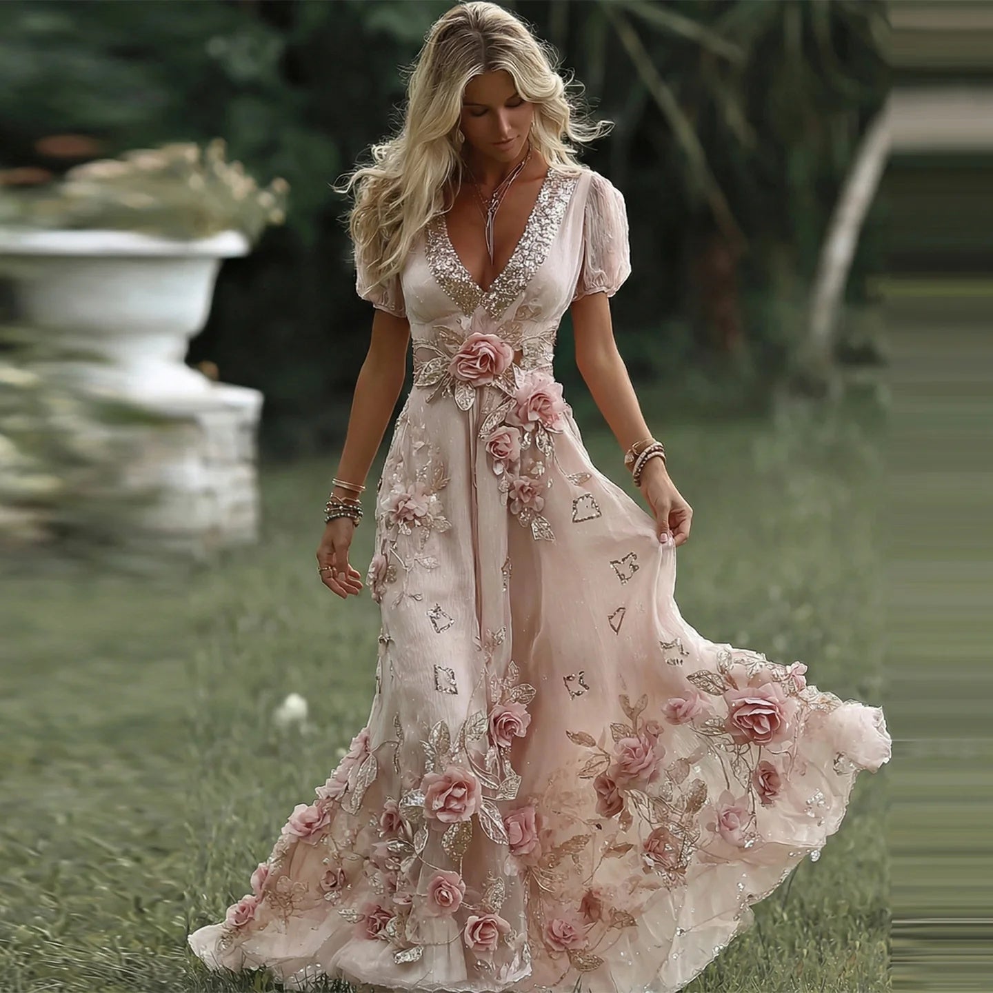 Womens 3D-printed Plant And Floral Retro Elegant V-neck Maxi Dress