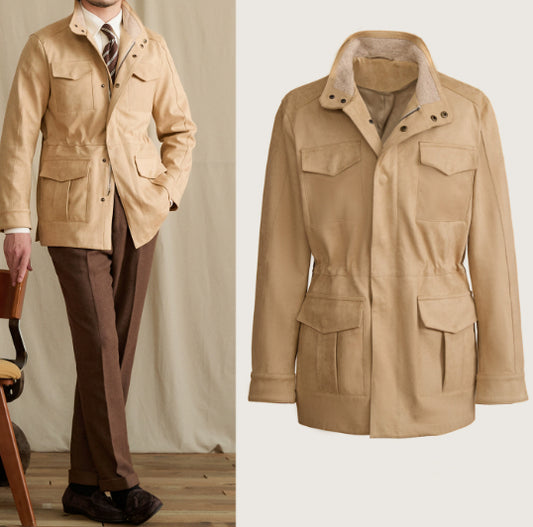 Stand Collar Faux Suede Slim Waist Safari Jacket Jacket