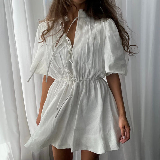 Stand-collar Sweet Lace-up Pleated Waist-cinched A-line Dress