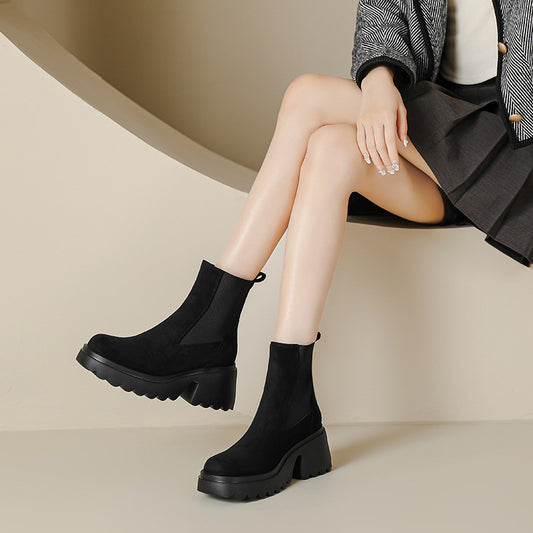Lightweight Thick Bottom 7cm High Heel Suede Stretch Boots