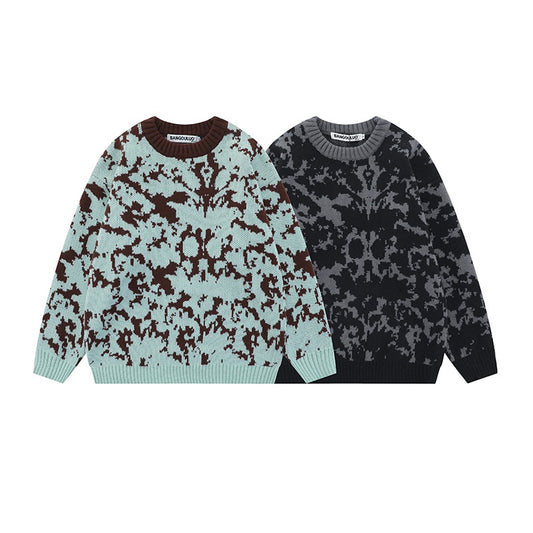 Azure And Other Smoky Rain European And American Dark Contrasting Color Jacquard Knitwear Men's And Women's Round Neck Sweater