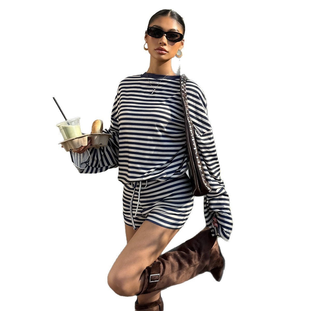 American Retro-Style Striped Crew-Neck Long-Sleeve Shorts Set