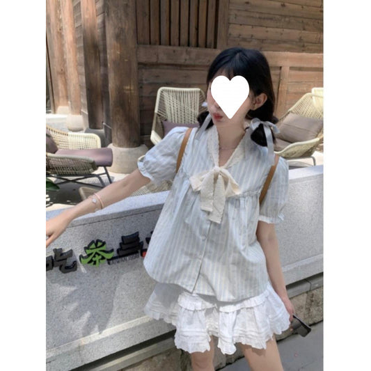 Bow Chic Lace Puff Sleeve Striped Shirt
