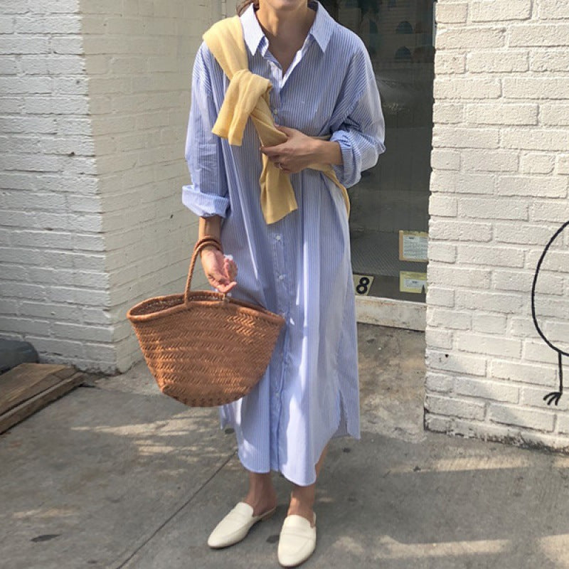 Womens Striped Polo-Neck Single-Breasted Shirt Dress