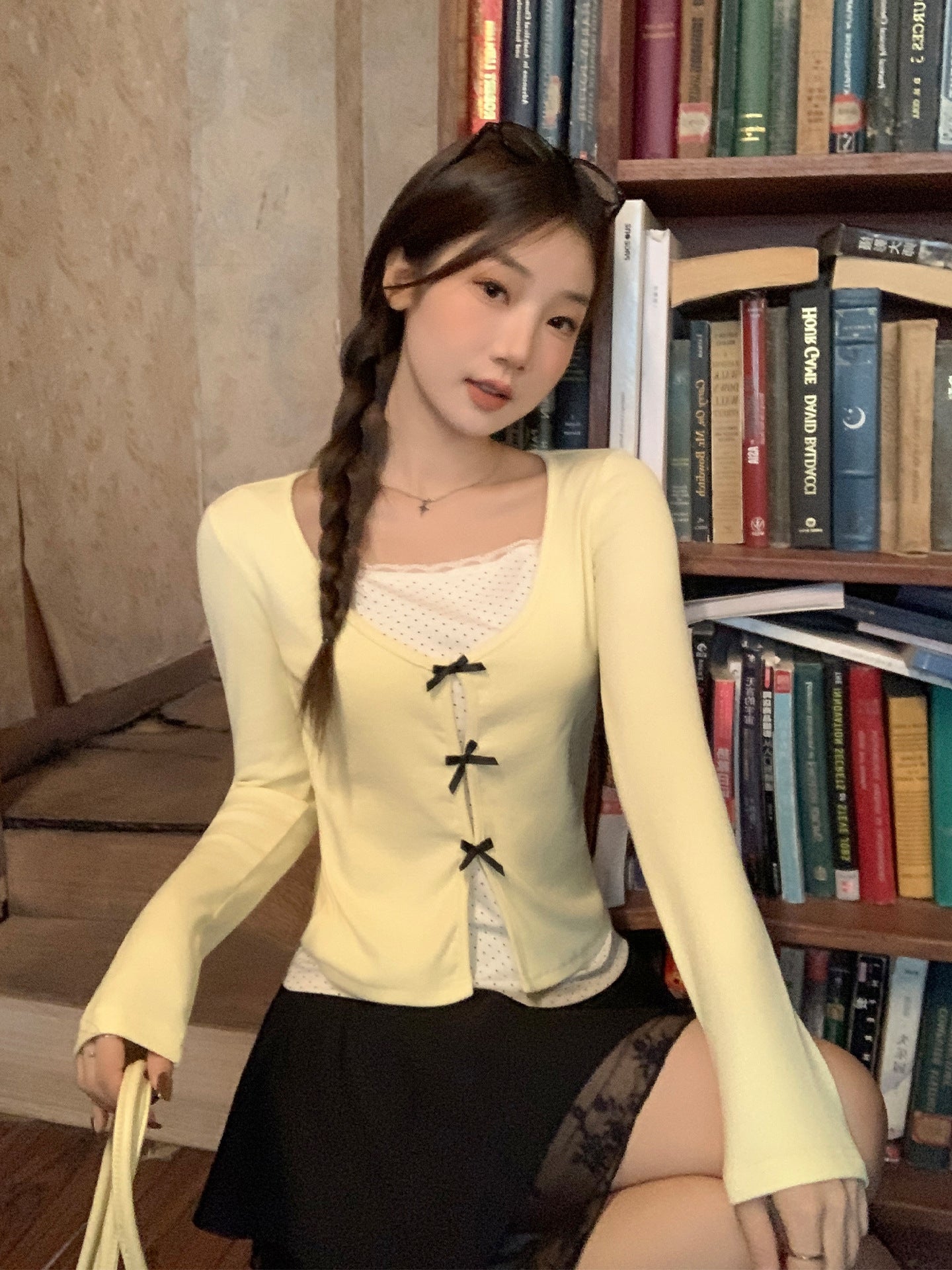 False Two-piece Patchwork Bow Long Sleeve T-shirt Women's Slim Top