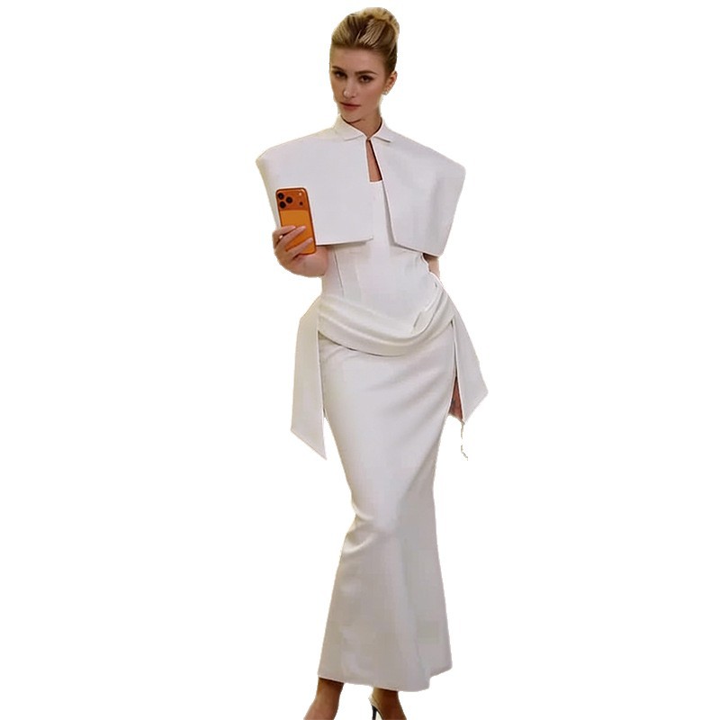 Elegant And Graceful White Sheath Dress With A Shawl-style Wrap