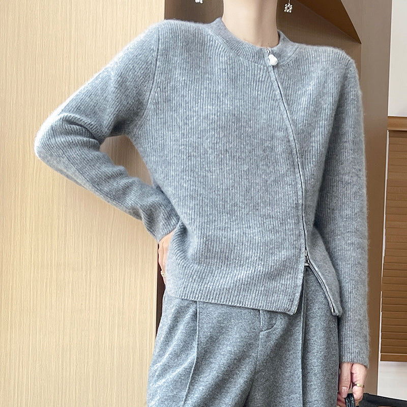 Round Neck Knitted Cardigan Long Sleeve Women's Oblique Zipper Slim Jacket