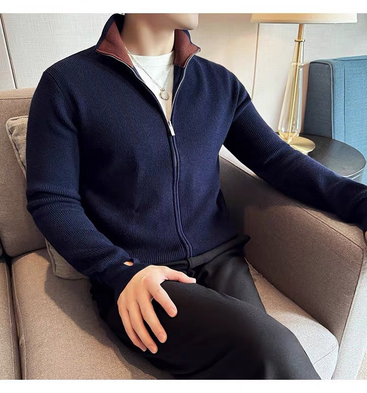 Cardigan Striped Thick Knitwear Autumn Winter Trend Slim Stand Collar Coat