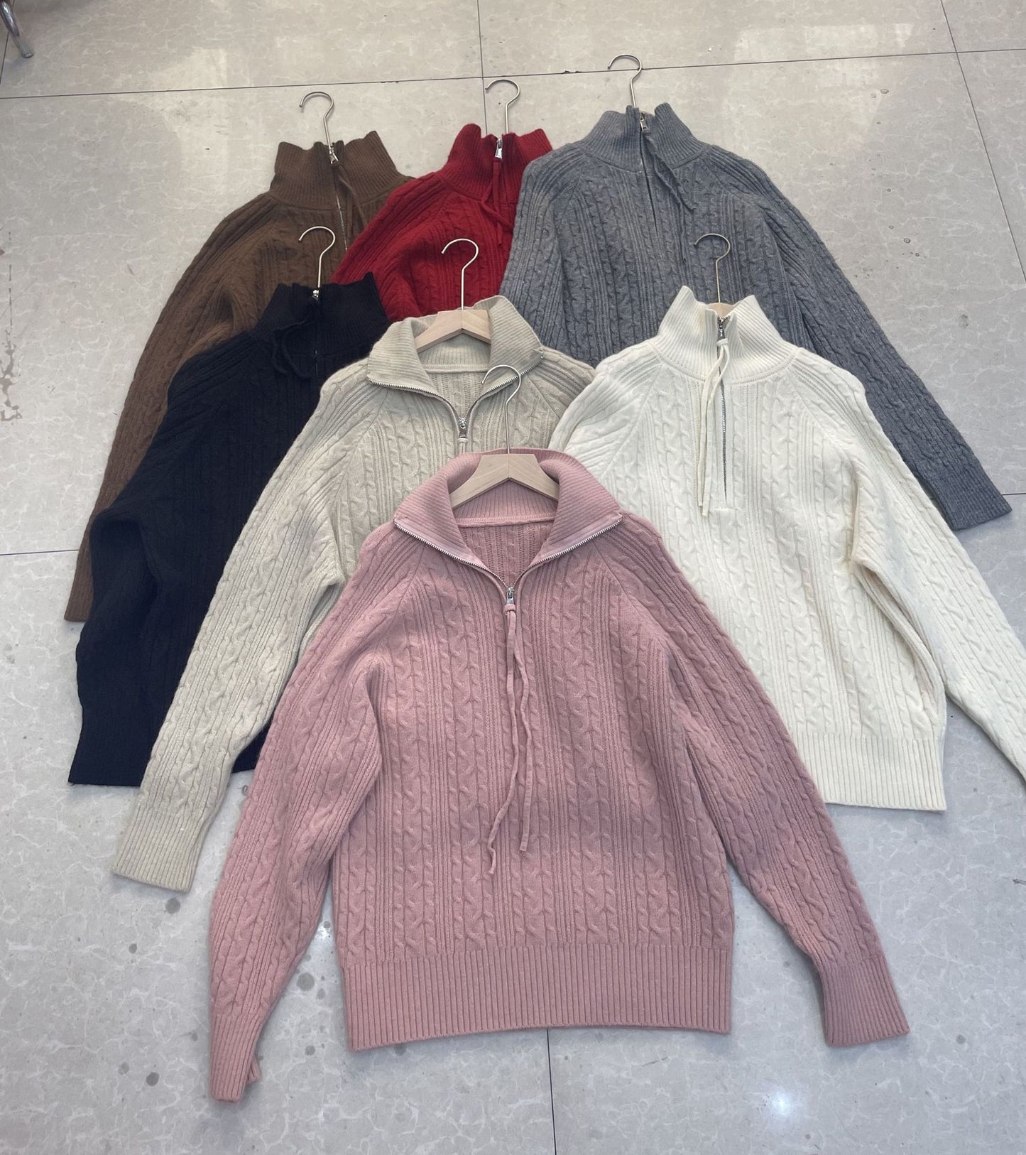 Lapel Half Zipper Cable-knit Pullover Sweater For Women