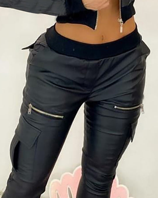 European And American Women's Black PU Tie Trousers