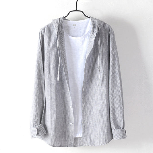 Men's Cotton And Linen Casual Hooded Long-sleeved Shirt