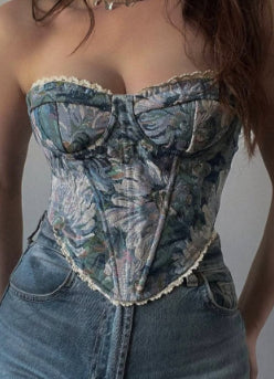 Vintage Flower Print Chest Wrap Flounce Trim Lace Up French Minority Fishbone Vest