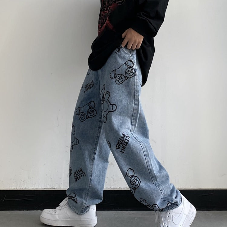 Retro Cartoon Print Casual Loose Wide-leg Straight-leg Pants