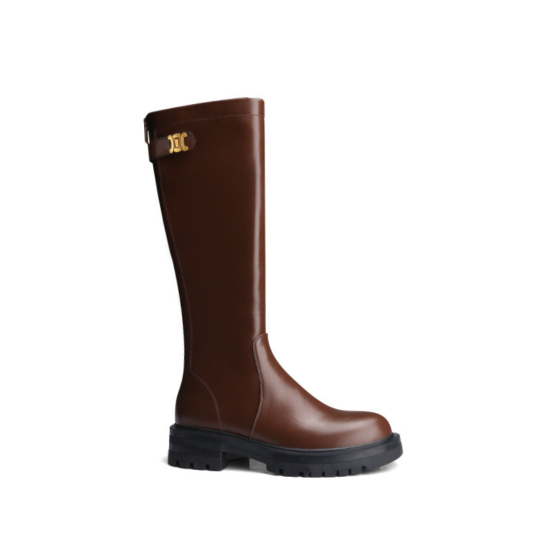 Gold Buckle Plus Velvet Thick Round Toe Thick-soled Thick Heel Long High Barrel Knight Boots
