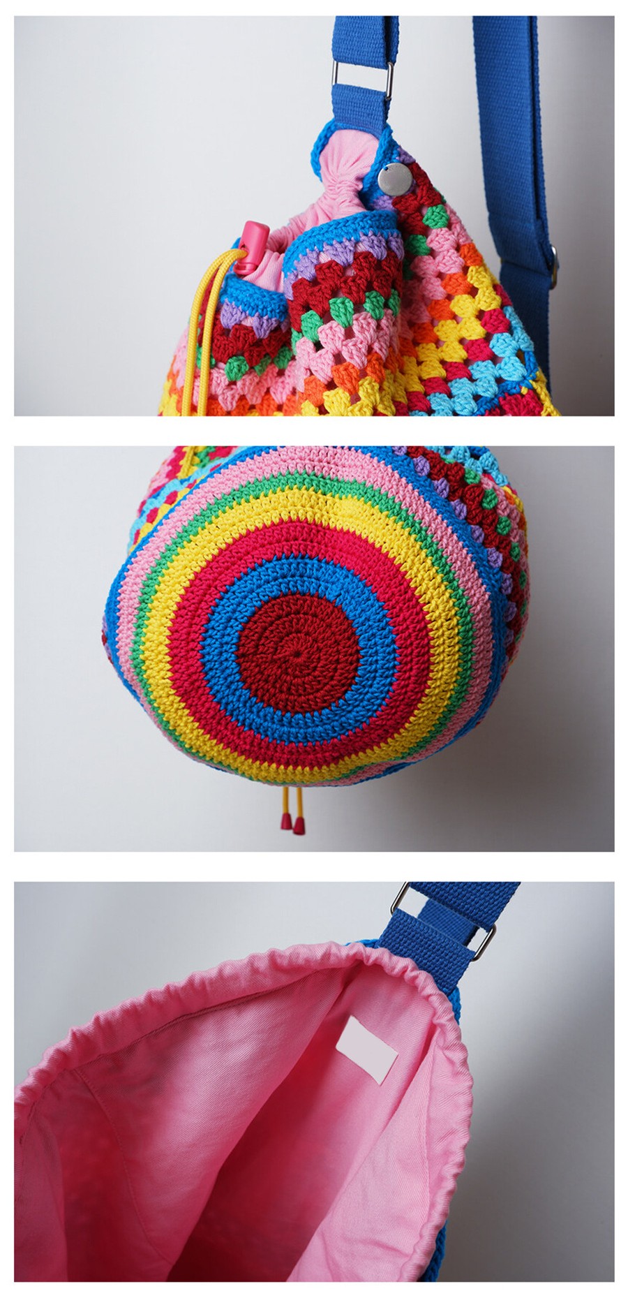 Drawcord Contrast Grandmother Plaid Woven Bag