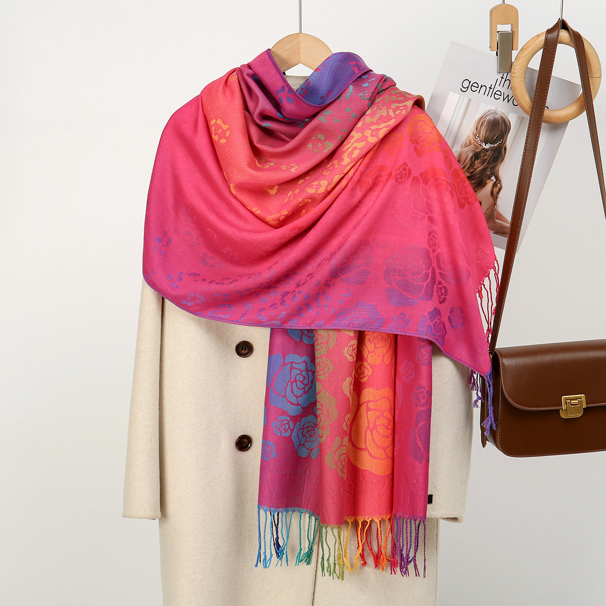 Womens Ethnic-Style Gradient Embroidered Colorful Cashew Tassel Shawl