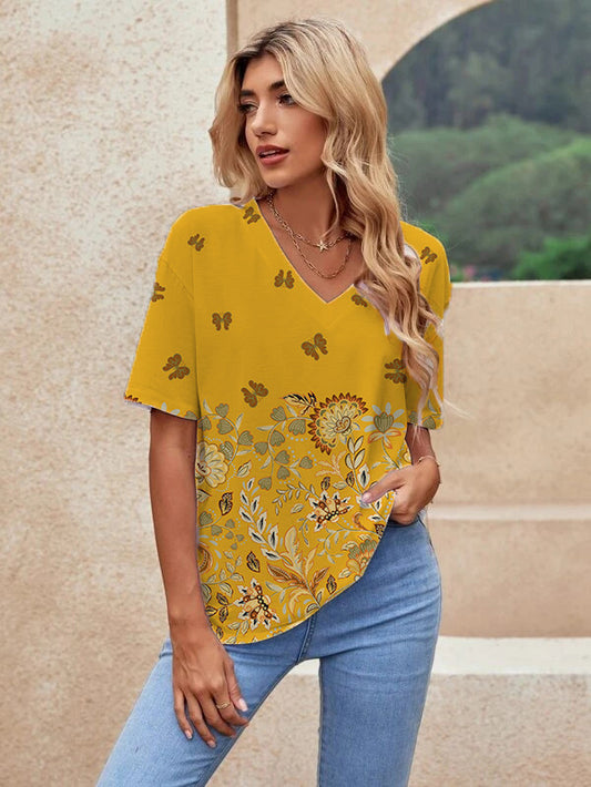 Printed Short Sleeve Urban Loose Casual Women's V Neck T Shirt