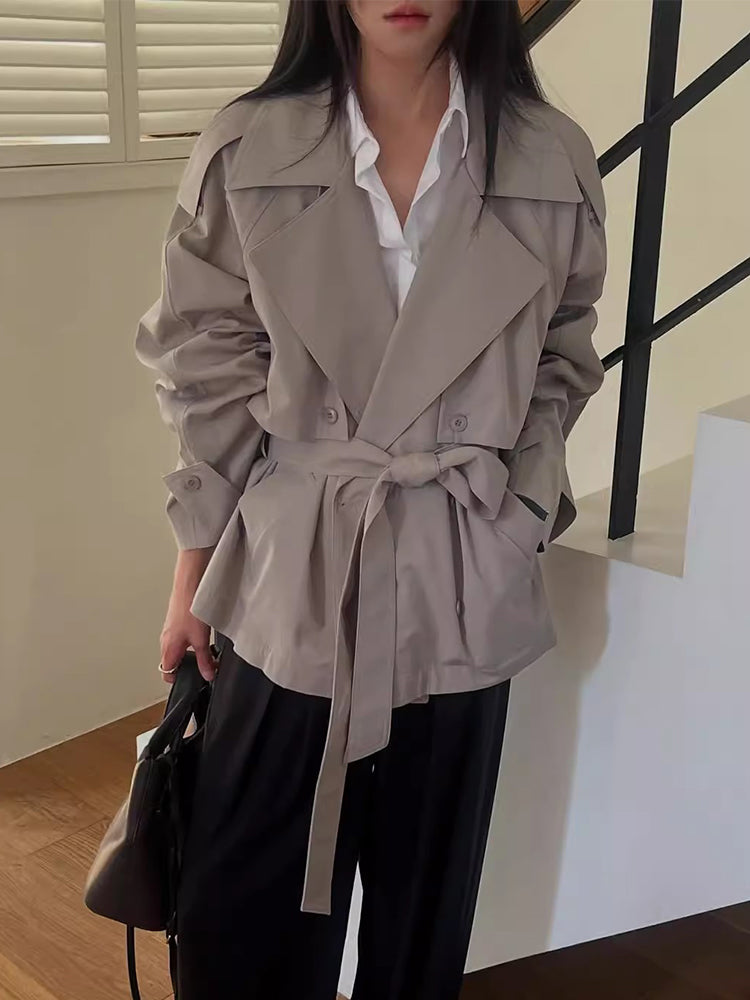 Vintage Suit Collar Lace-up Waist-controlled Long Sleeve Trench Coat Short Coat