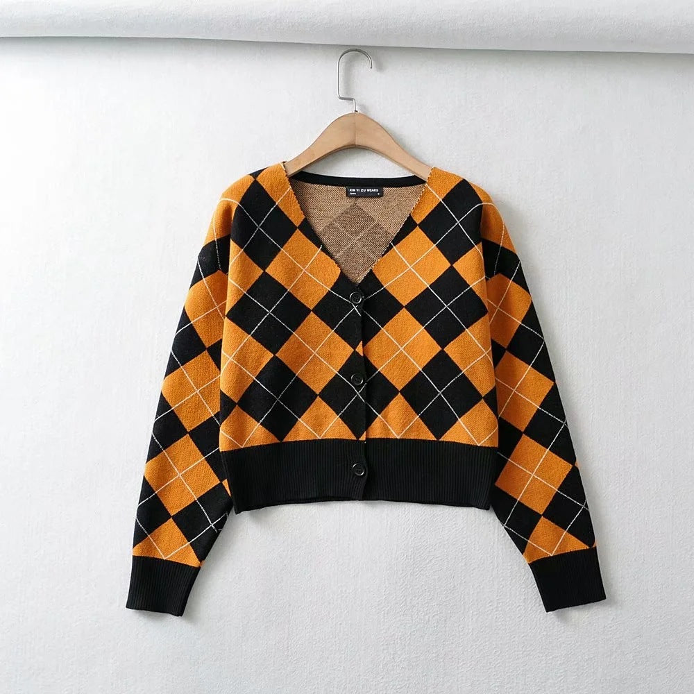 Ny langærmet V-hals cropped strikcardigan med en enkelt knaprække