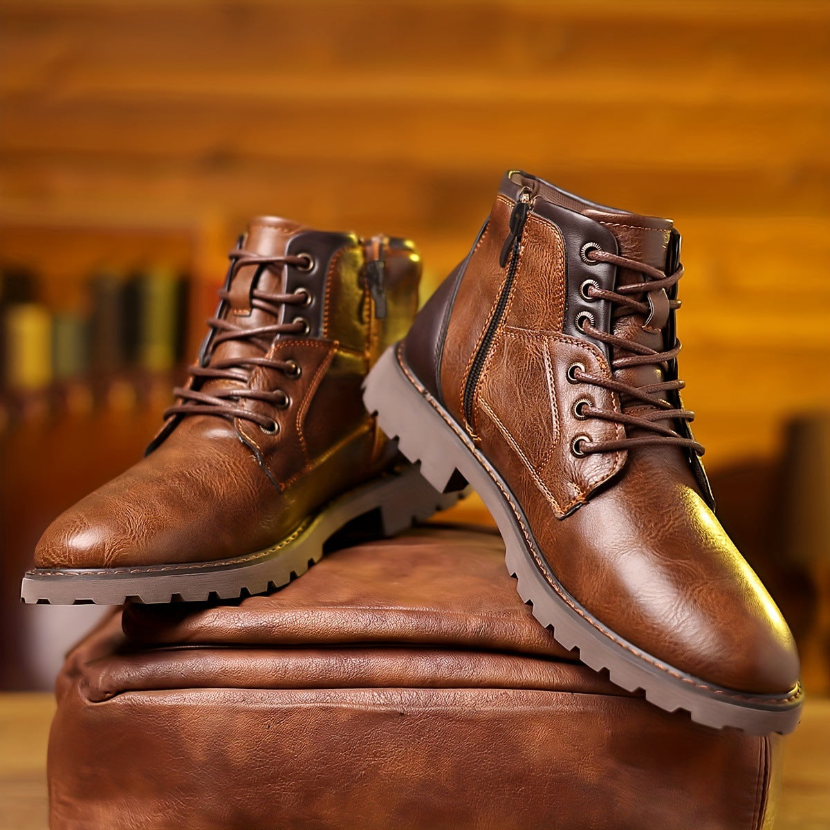Men's Color Matching Casual Side Zipper Middle Tube Leather Boots