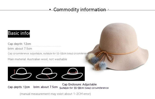 Woolen Warm Fisherman Hat Korean All-matching Basin Hat Lady Felt Cap Mink Fur Ball Billycock