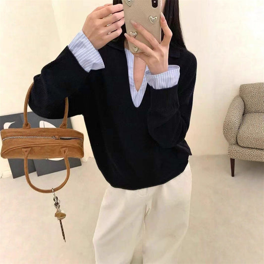 Temperament Pure Color Striped Stitching Korean Loose Casual Sweater
