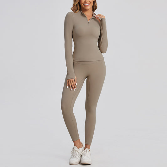 High-end Zipper Solid Color Workout Clothes Autumn And Winter Tight Pilates Yoga Clothes Two-piece Set