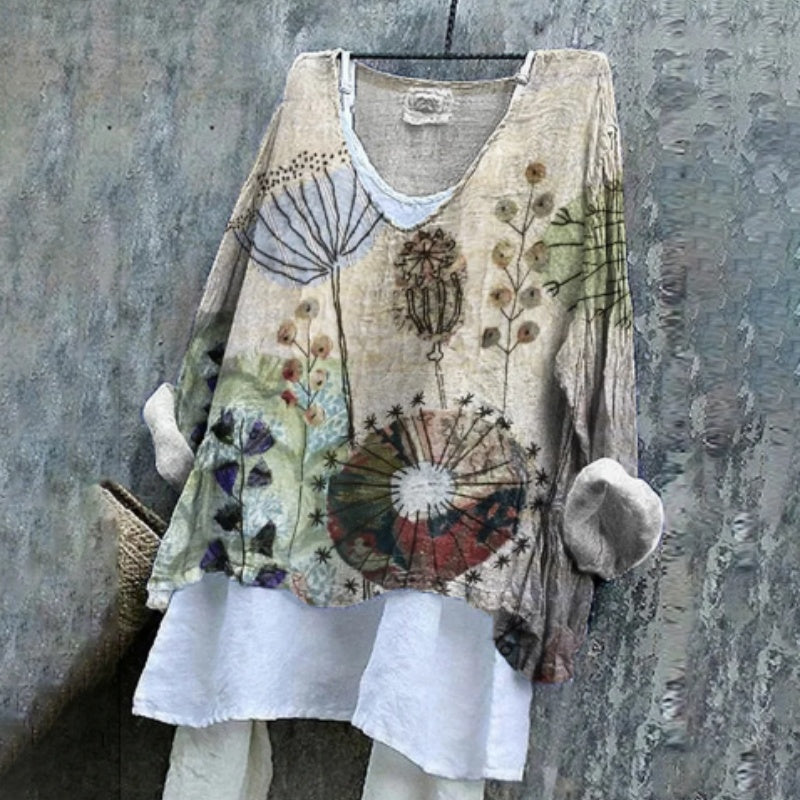 Retro Floral Art Linen Blend Long-sleeve Top