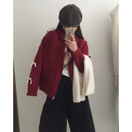 Bow Lazy Cardigan All-matching Lapel Zipper Sweater Coat
