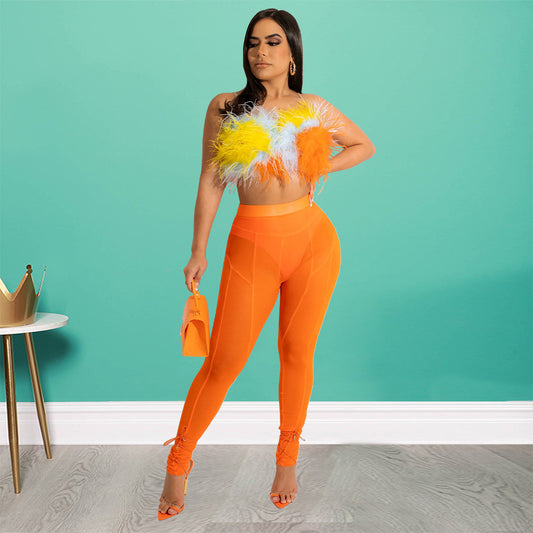 Summer Nightclub Pants Ostrich Feather Sleeveless Two-piece Sling