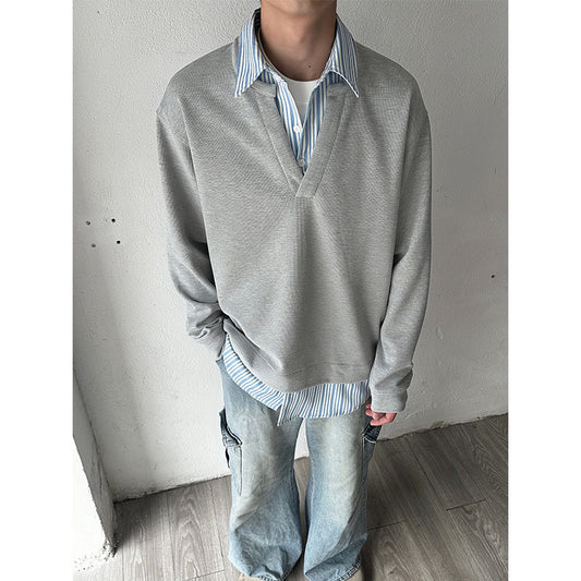 American Retro Loose False Two Pieces Long Sleeve Shirt