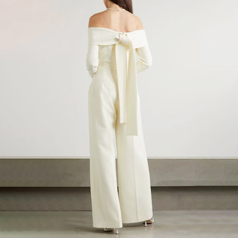 Gudinde-temperament Off-shoulder Krave Jumpsuit Elegant Selskabsdame Højtaljet Slankende Draperet Vide Ben Bukser