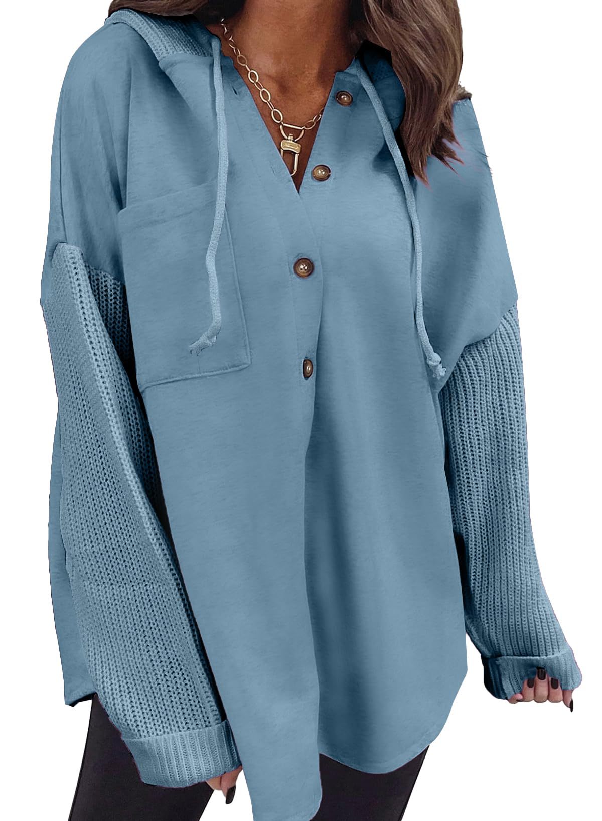 Women's Loose Long Sleeve Button Hooded Sweatshirt
