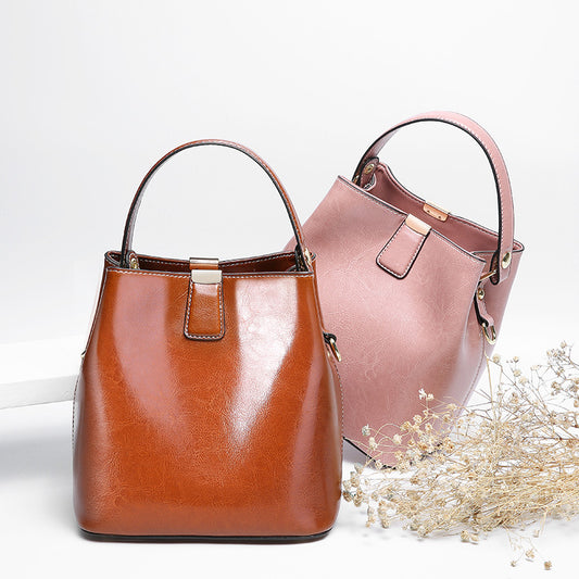 Vokset okselæder dame taske bærbar bucket taske enkelt skulder crossbody taske