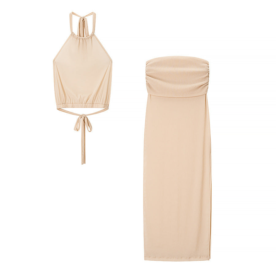 Womens Midriff-Baring Tank Top And Sheath Maxi Dress Set