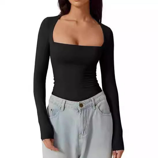 Women's Square Neck Autumn Top Long Sleeve Slim Fit Pullover Milk Silk T-shirt Elegant