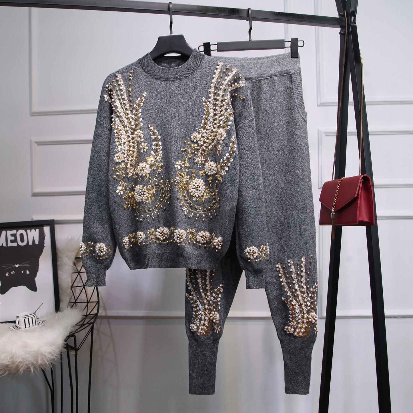 Women's Sequin Bead Long-sleeved Sweater Trousers Two-piece Set