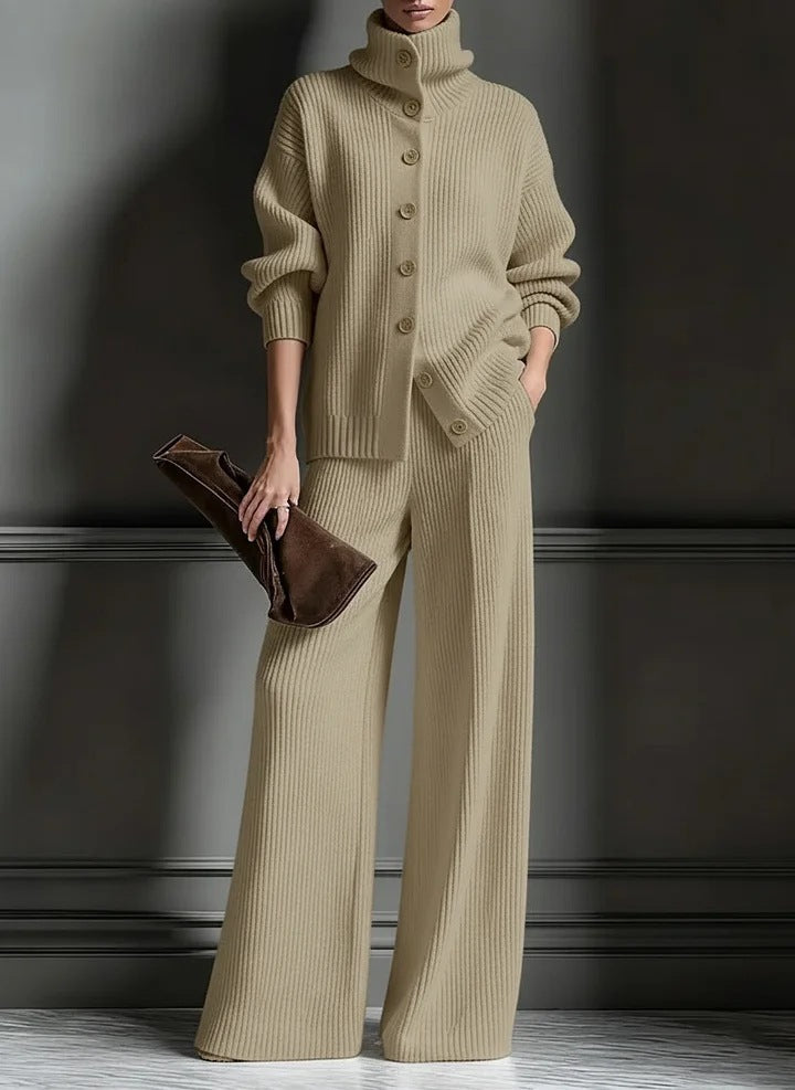 Stylish Womens Casual Knit Turtleneck Wide-Leg Set